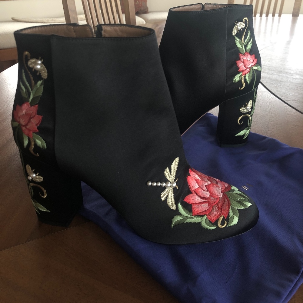 Aquazzura Satin Floral-Embroidered Boot, Black 8.5